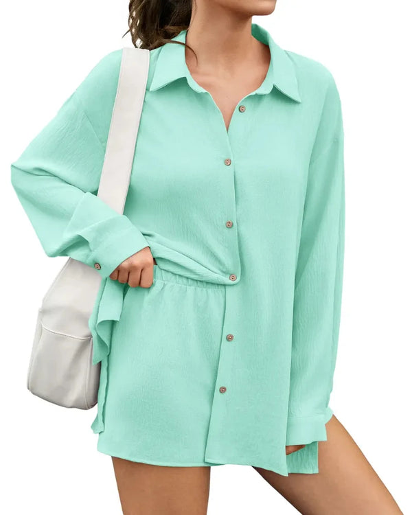Women's Gauze Shirt & Shorts Set - 2-in-1 Oversized Beach Cover-Up Outfit