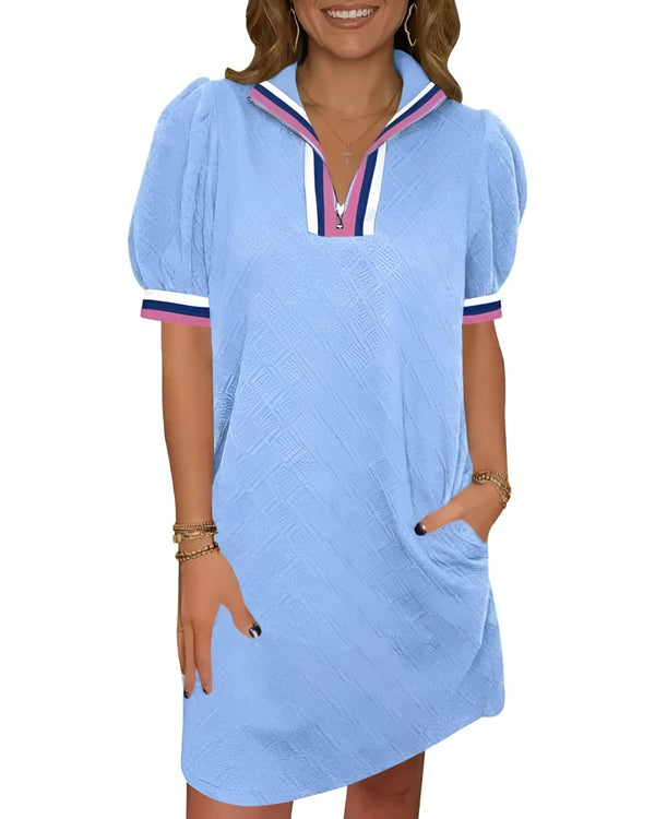 Women's Summer Puff-Sleeve Mini Dress with Quarter Zip - Casual, Loose Fit - Sky