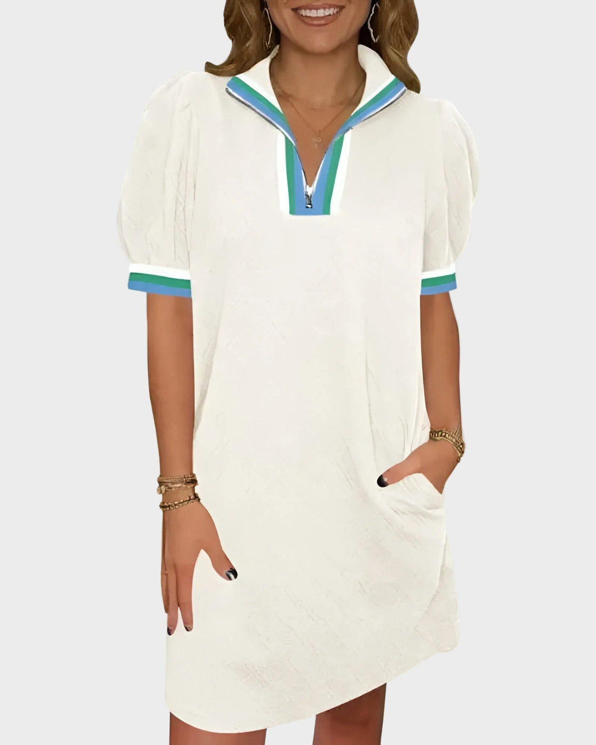 Women's Summer Puff-Sleeve Mini Dress with Quarter Zip - Casual, Loose Fit - Sky