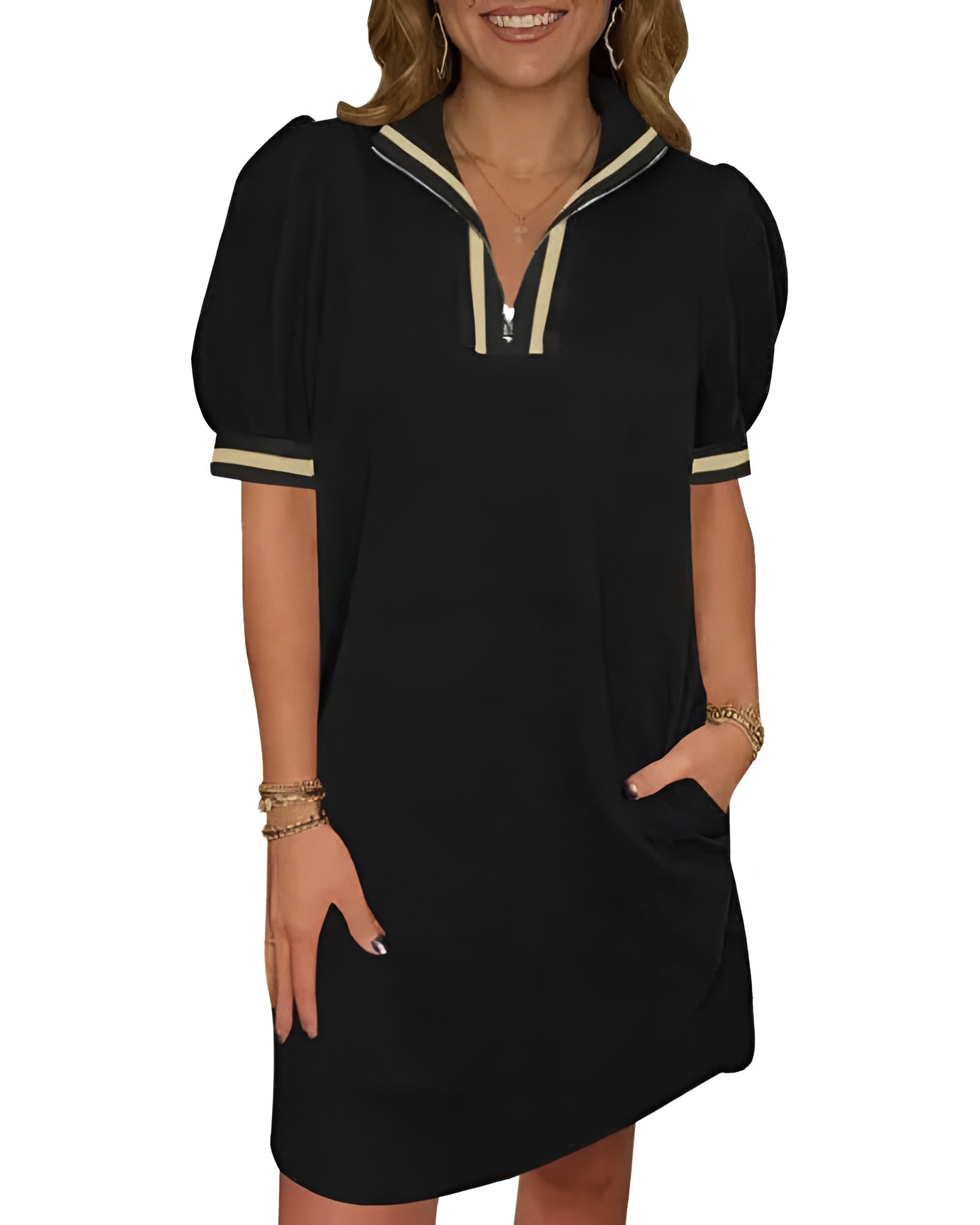 Women's Summer Puff-Sleeve Mini Dress with Quarter Zip - Casual, Loose Fit - Sky