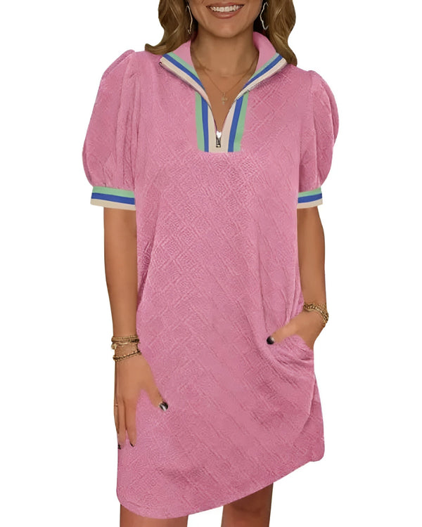 Women's Summer Puff-Sleeve Mini Dress with Quarter Zip - Casual, Loose Fit - Sky