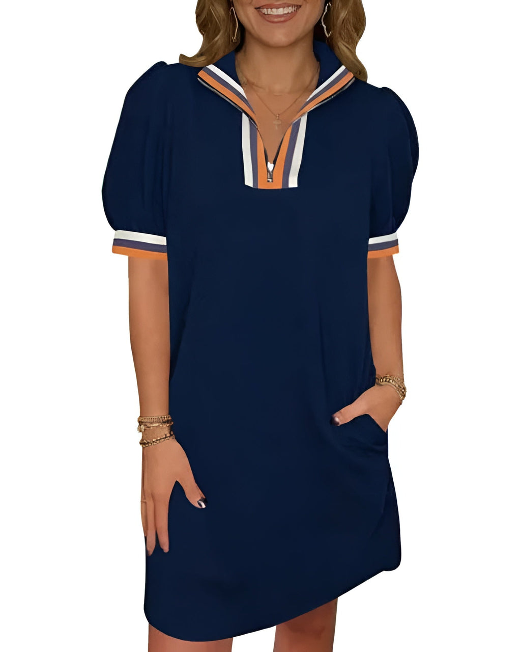 Women's Summer Puff-Sleeve Mini Dress with Quarter Zip - Casual, Loose Fit - Sky