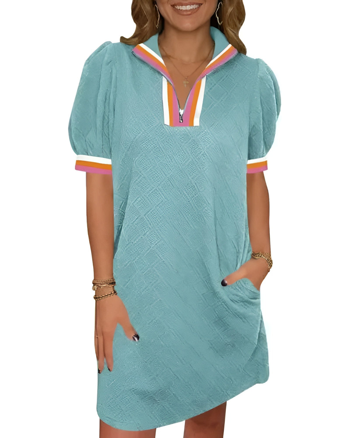 Women's Summer Puff-Sleeve Mini Dress with Quarter Zip - Casual, Loose Fit - Sky