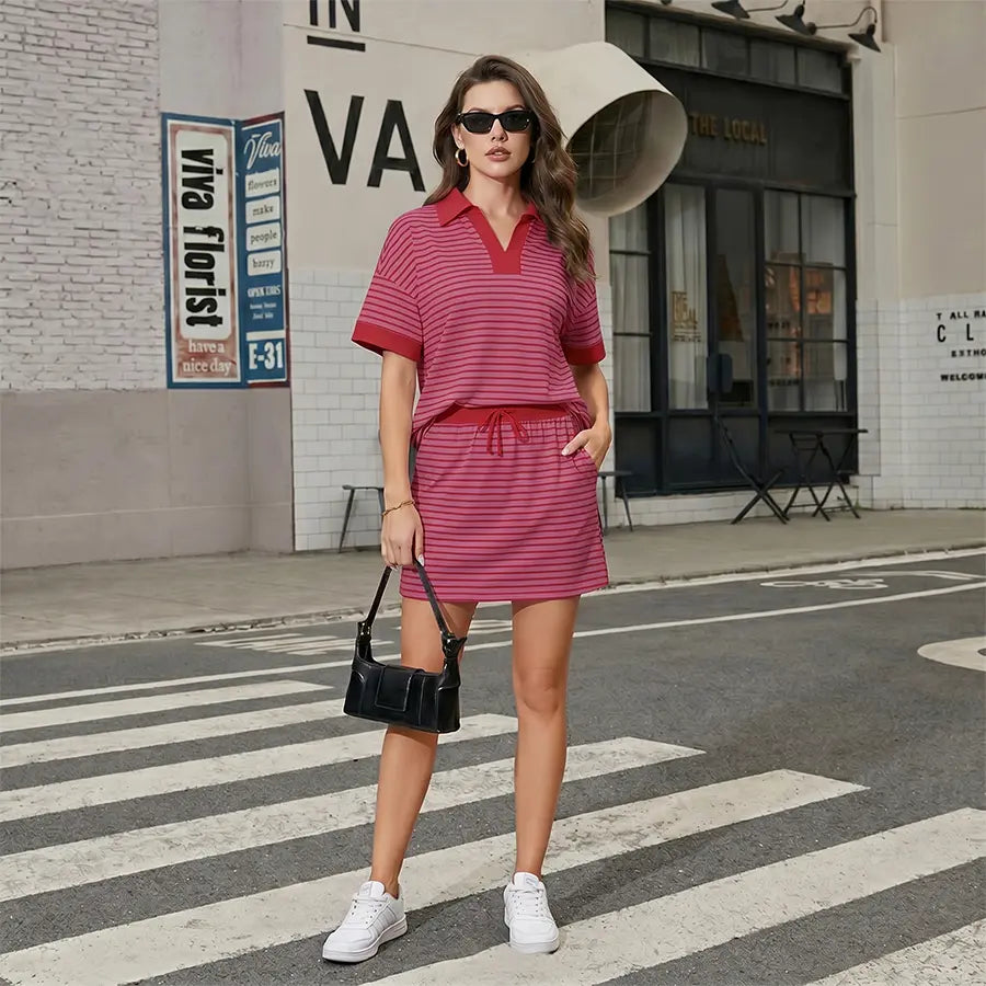 2-Piece V-Neck Polo Skort Set with Built-In Shorts