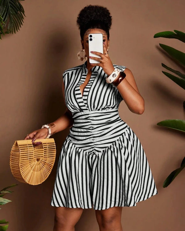 Plus Size Casual Striped Dress with Cinched Waist