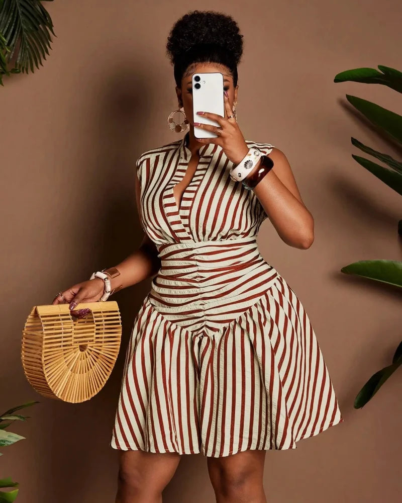 Plus Size Casual Striped Dress with Cinched Waist