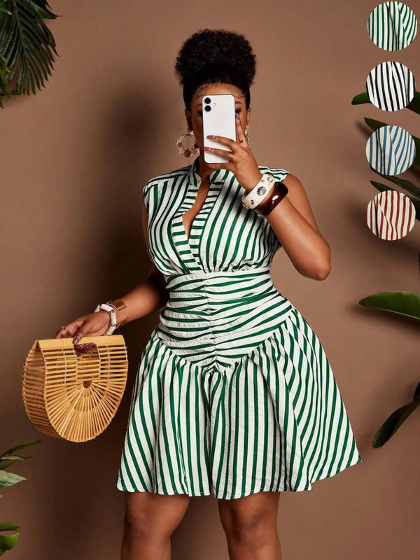 Plus Size Casual Striped Dress with Cinched Waist