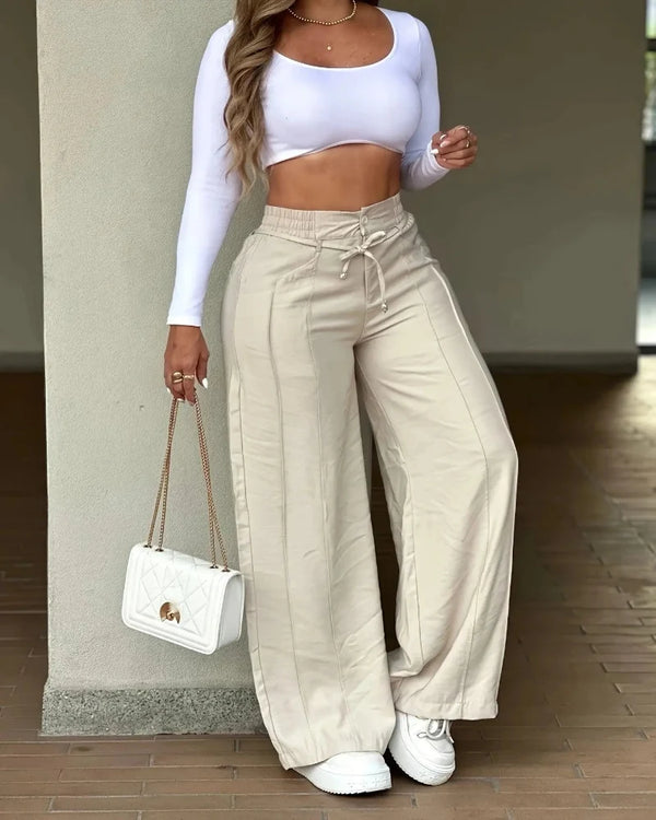 Chic High-Waist Pleated Wide-Leg Pants for Casual Wear
