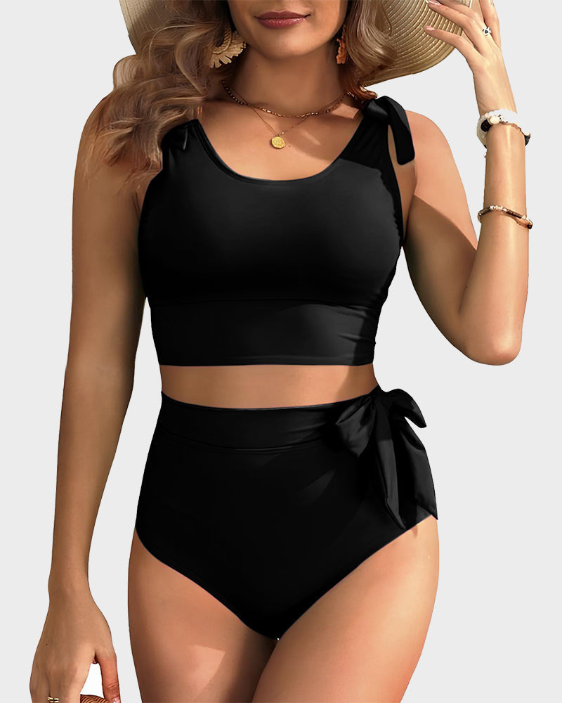 Flattering Double-Tie Shoulder High-Waist Bikini Set with Tummy Control