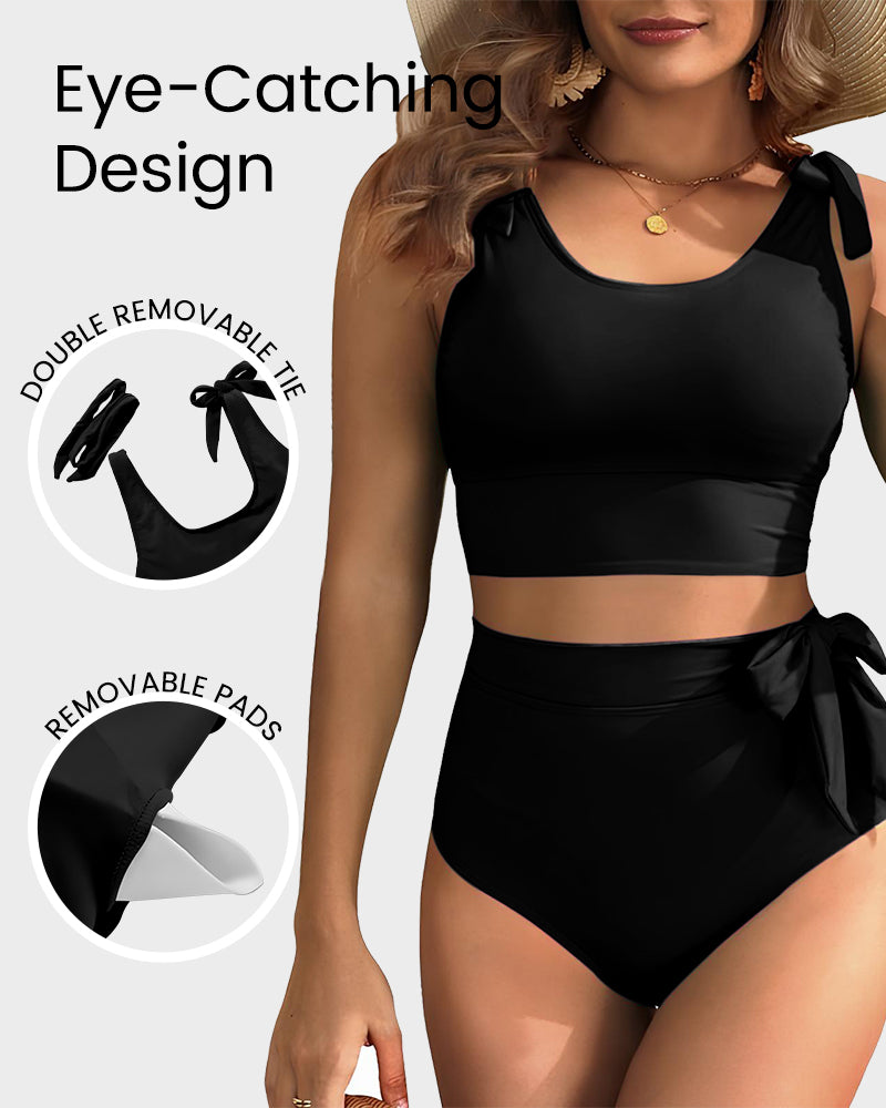 Flattering Double-Tie Shoulder High-Waist Bikini Set with Tummy Control