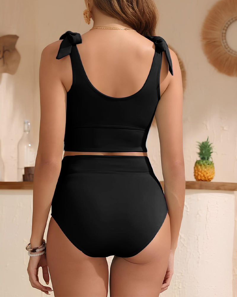 Flattering Double-Tie Shoulder High-Waist Bikini Set with Tummy Control