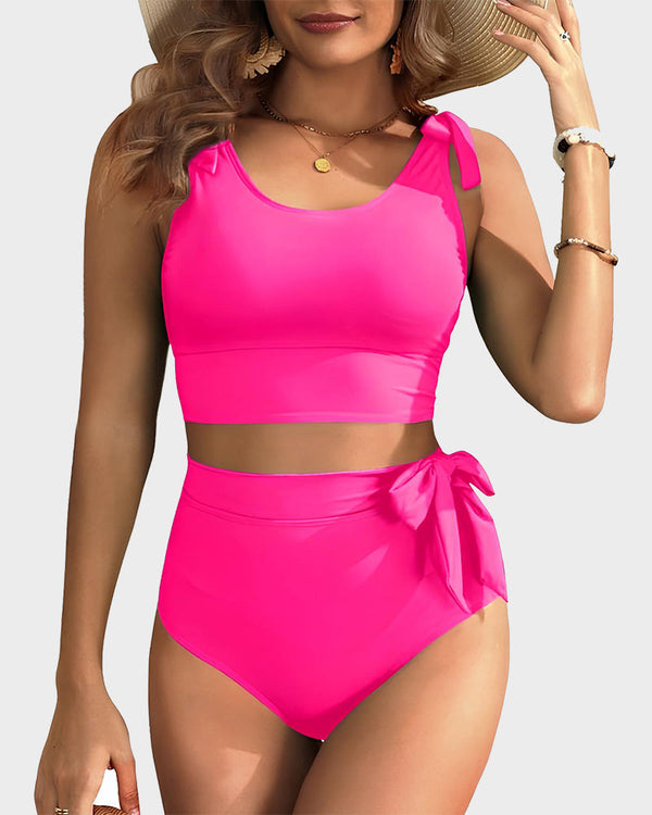 Flattering Double-Tie Shoulder High-Waist Bikini Set with Tummy Control
