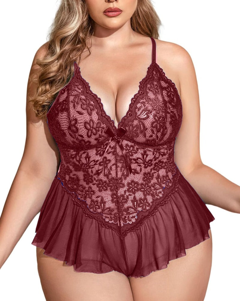 Plus Size V-Neck Lace Bodysuit – Sheer Mesh One-Piece Teddy Babydoll Nightwear