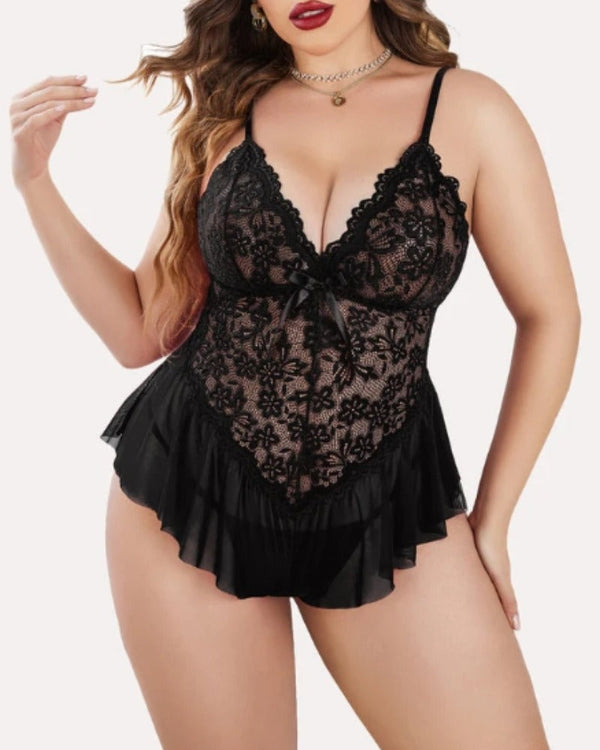 Plus Size V-Neck Lace Bodysuit – Sheer Mesh One-Piece Teddy Babydoll Nightwear