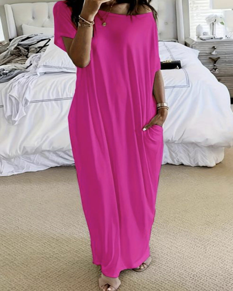 Women's Solid Color Batwing Sleeve Casual Nightdress - Cozy Sleepwear