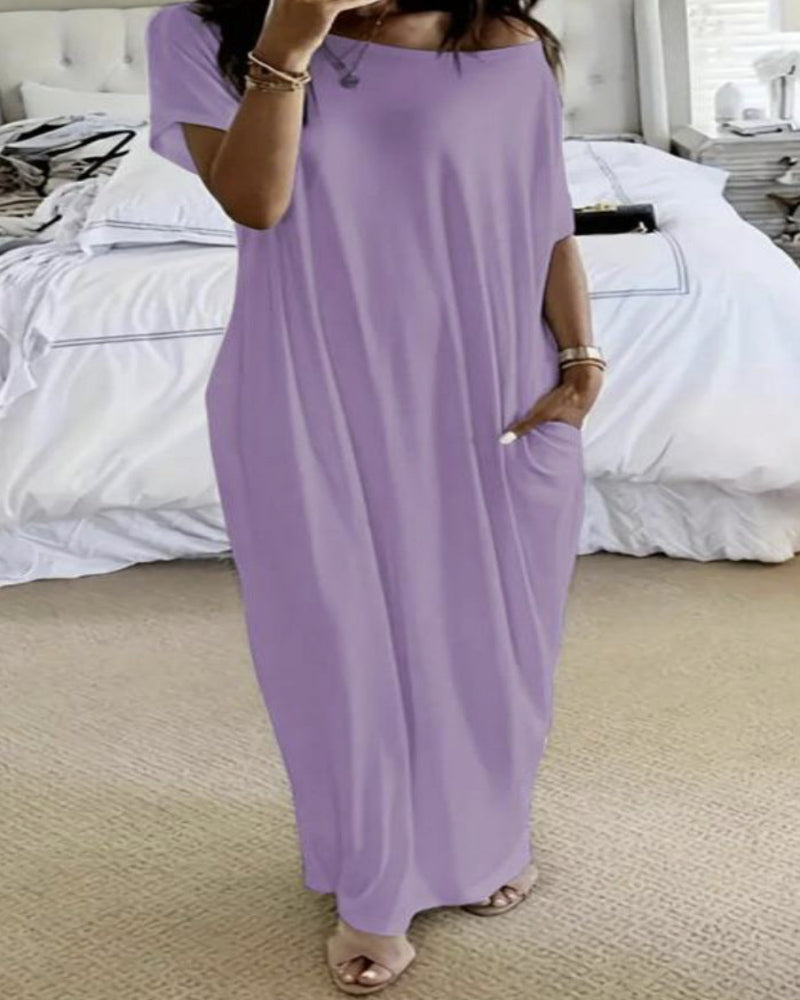 Women's Solid Color Batwing Sleeve Casual Nightdress - Cozy Sleepwear