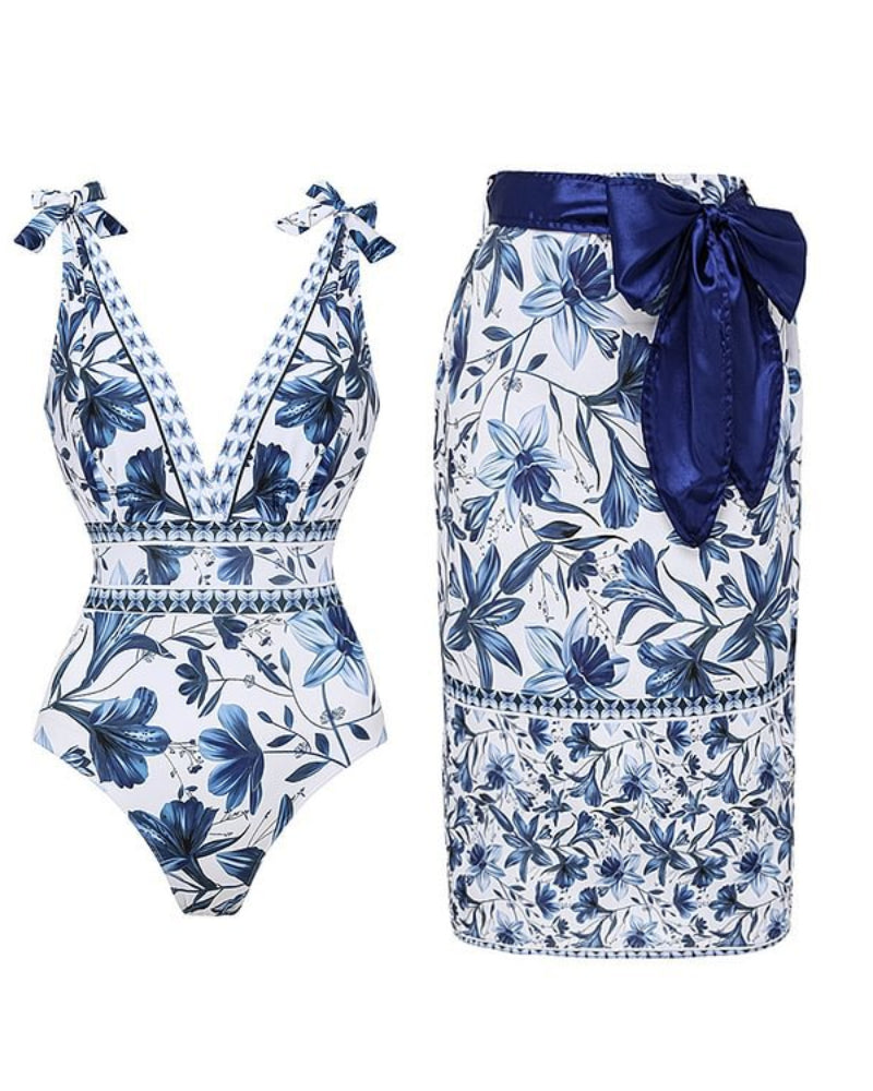 Shapecurve® V Neck Lace Up Strip Plant Prints One Piece Swimsuit and Skirt/Sarong Secondary image