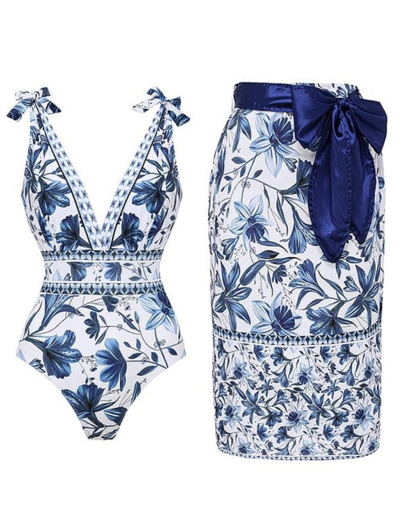 Shapecurve® V Neck Lace Up Strip Plant Prints One Piece Swimsuit and Skirt/Sarong