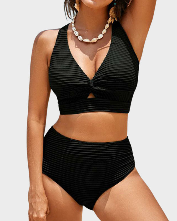 Textured Knot-Front High-Waisted Bikini Set - Flattering Fit & Comfortable