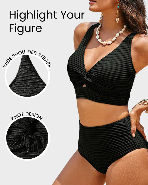 Textured Knot-Front High-Waisted Bikini Set - Flattering Fit & Comfortable