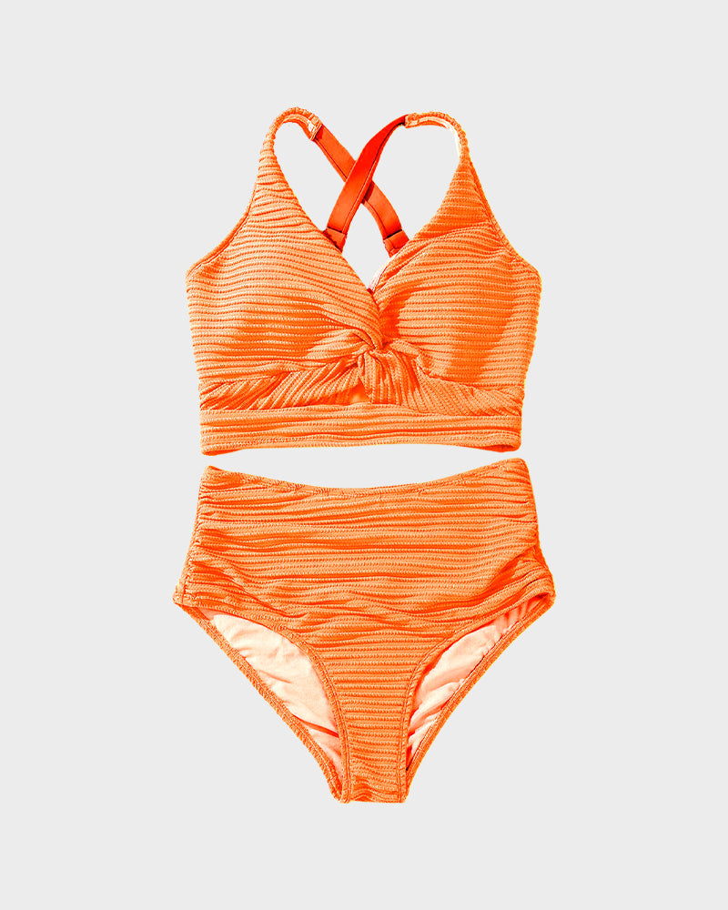 Textured Knot-Front High-Waisted Bikini Set - Flattering Fit & Comfortable