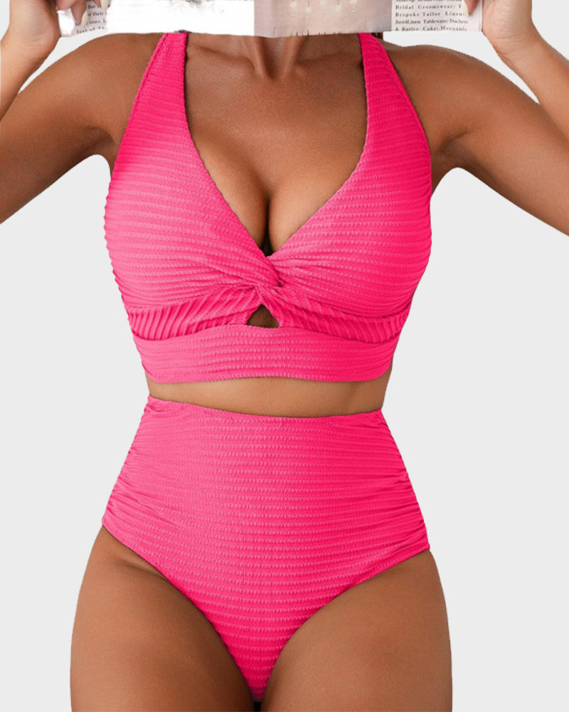Textured Knot-Front High-Waisted Bikini Set - Flattering Fit & Comfortable