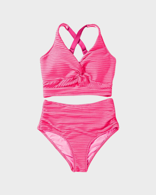 Textured Knot-Front High-Waisted Bikini Set - Flattering Fit & Comfortable