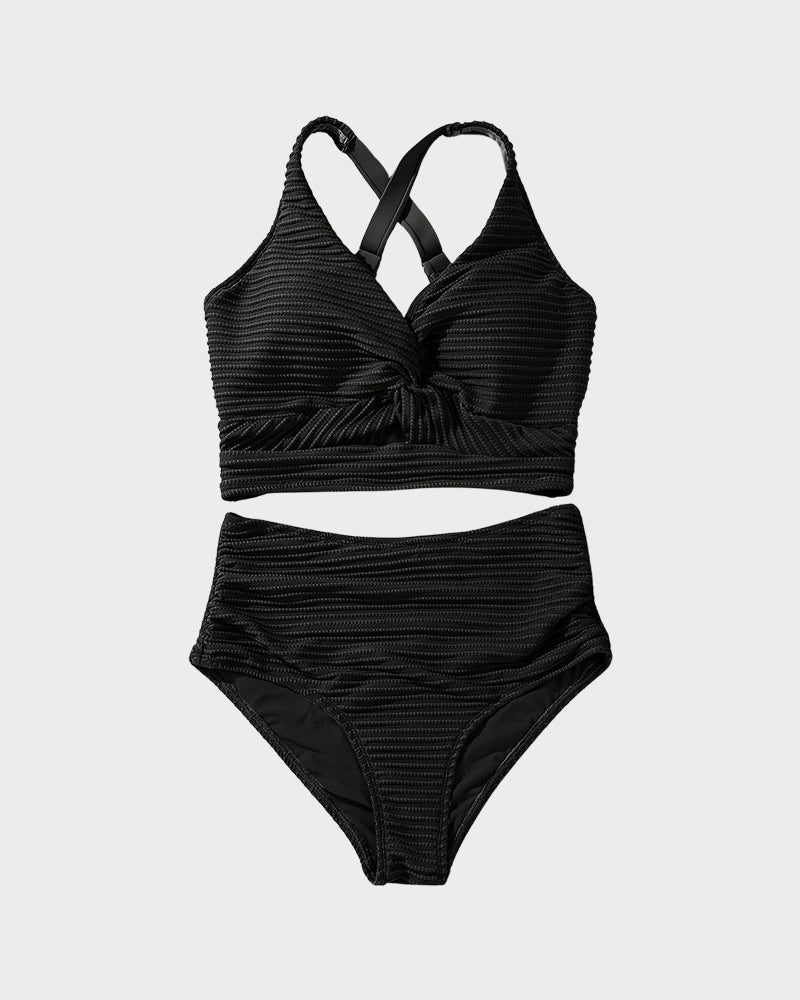 Textured Knot-Front High-Waisted Bikini Set - Flattering Fit & Comfortable