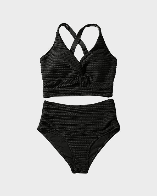 Textured Knot-Front High-Waisted Bikini Set - Flattering Fit & Comfortable