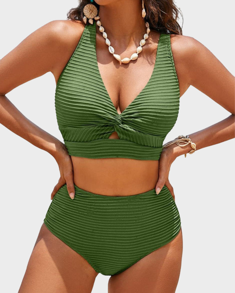 Textured Knot-Front High-Waisted Bikini Set - Flattering Fit & Comfortable