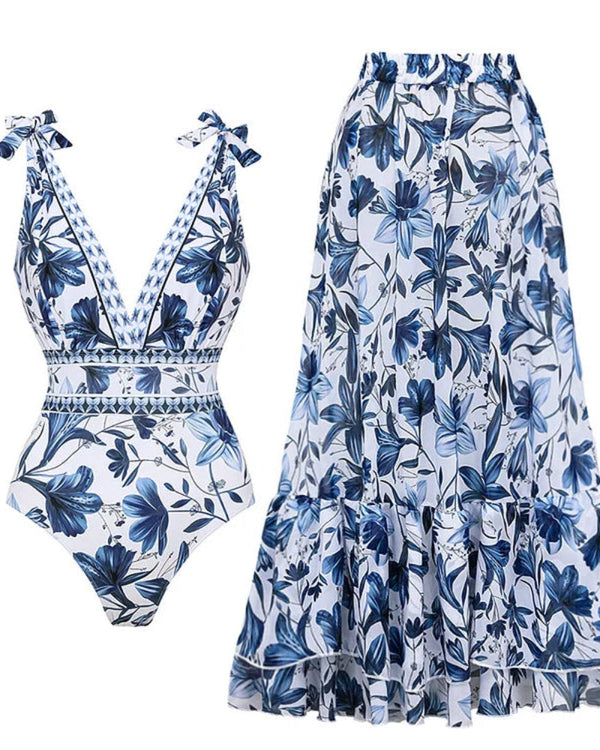 Shapecurve® V Neck Lace Up Strip Plant Prints One Piece Swimsuit and Skirt/Sarong