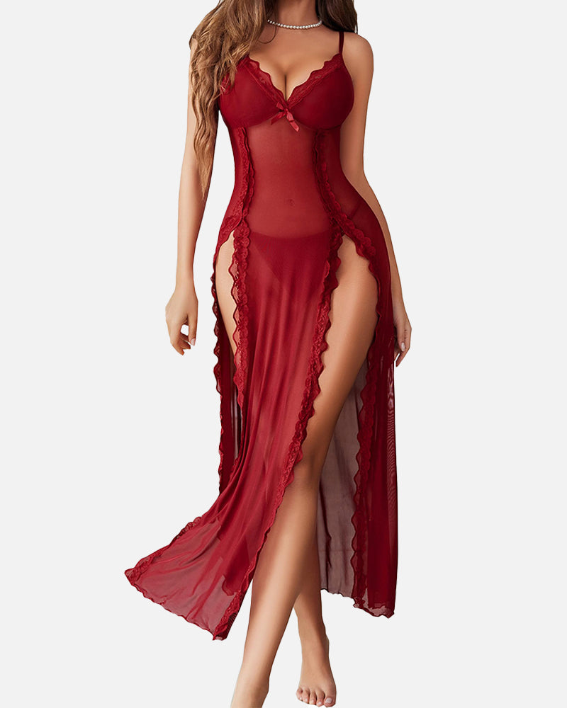 Sultry Mesh V-Neck Nightdress with a Flirty Side Slit
