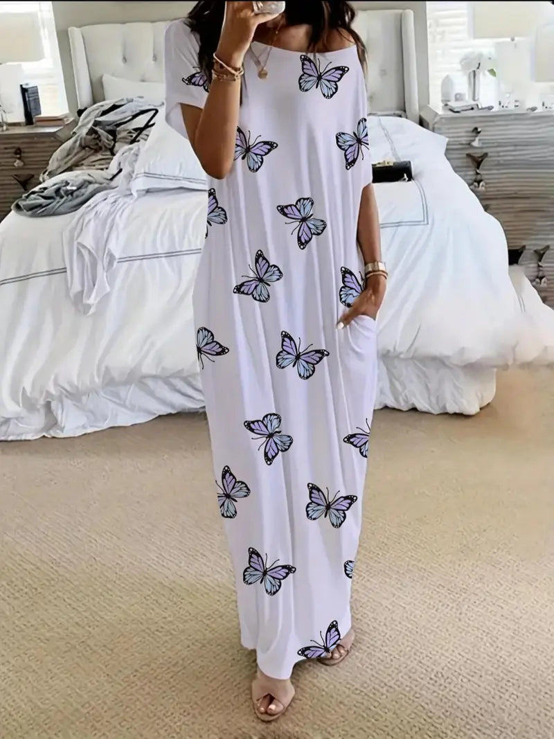 Women's Solid Color Batwing Sleeve Casual Nightdress - Cozy Sleepwear
