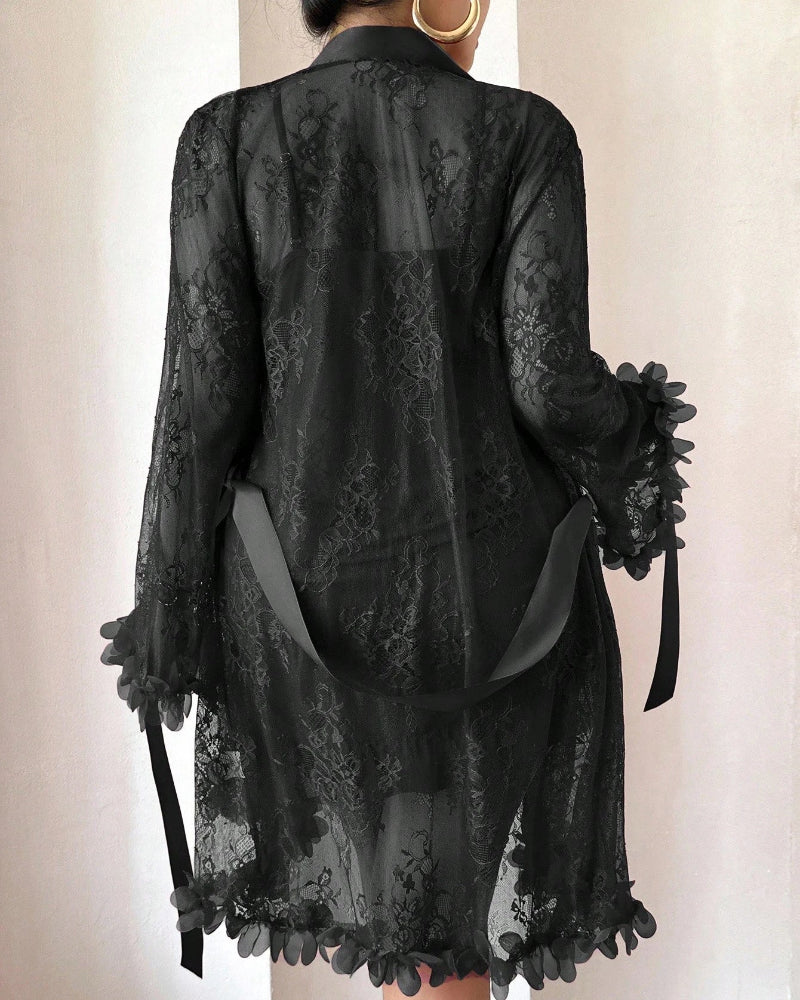 Plus-Size Lace Cami Nightgown Set with Floral Lace Trim and Sheer Robe with Wide Sleeves