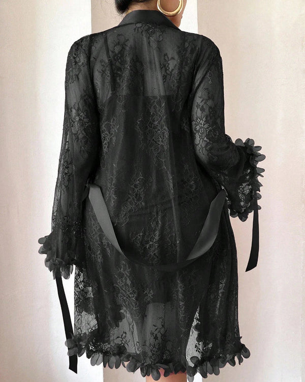 Plus-Size Lace Cami Nightgown Set with Floral Lace Trim and Sheer Robe with Wide Sleeves