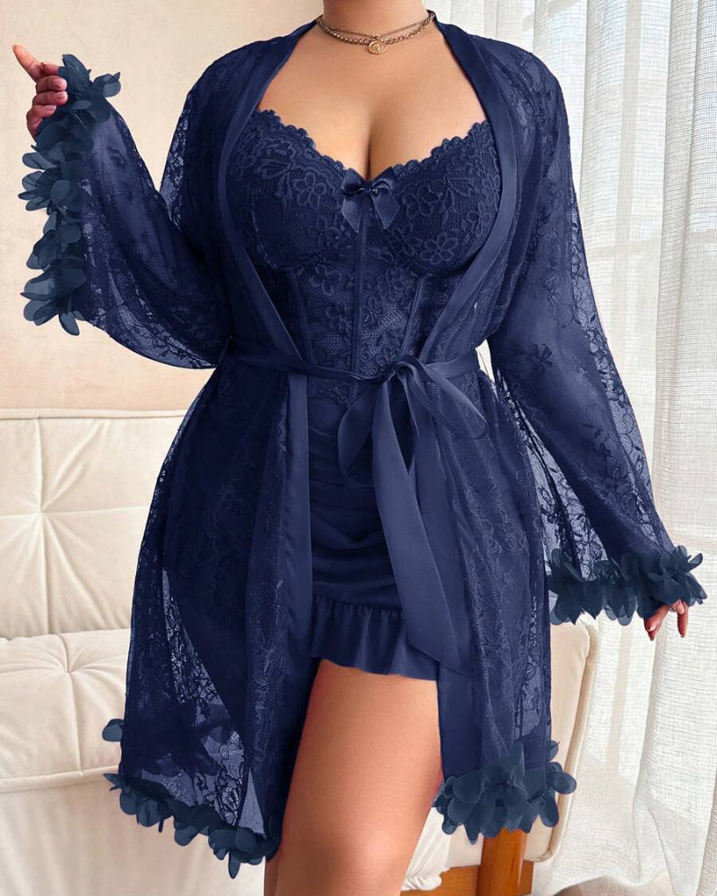 Plus-Size Lace Cami Nightgown Set with Floral Lace Trim and Sheer Robe with Wide Sleeves