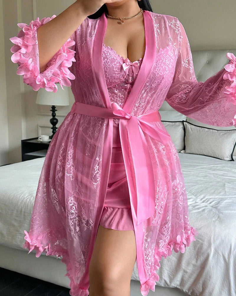 Plus-Size Lace Cami Nightgown Set with Floral Lace Trim and Sheer Robe with Wide Sleeves