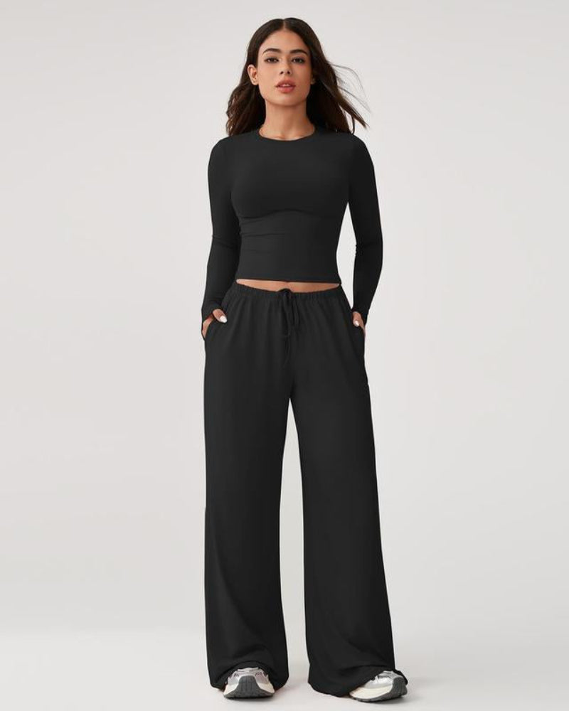 Women's 2-Piece Activewear Set: Long-Sleeve Crop Top + Wide-Leg Pants — Ultra-Stretchy Yoga, Workout & Running Wear