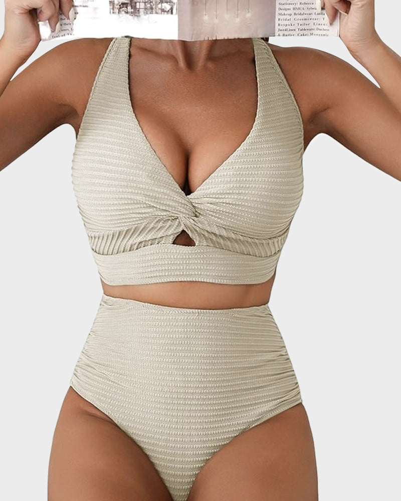 Textured Knot-Front High-Waisted Bikini Set - Flattering Fit & Comfortable