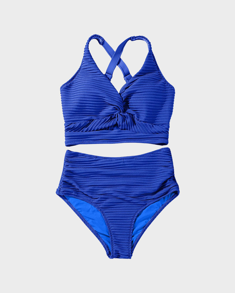 Textured Knot-Front High-Waisted Bikini Set - Flattering Fit & Comfortable