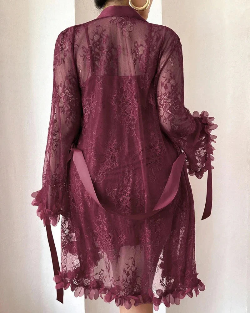 Plus-Size Lace Cami Nightgown Set with Floral Lace Trim and Sheer Robe with Wide Sleeves