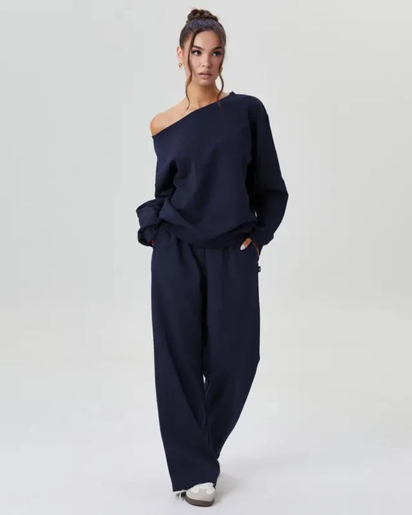 Ultra-Cozy Women’s Two-Piece Lounge Set – One-Shoulder Long-Sleeve Top & Wide-Leg Pants
