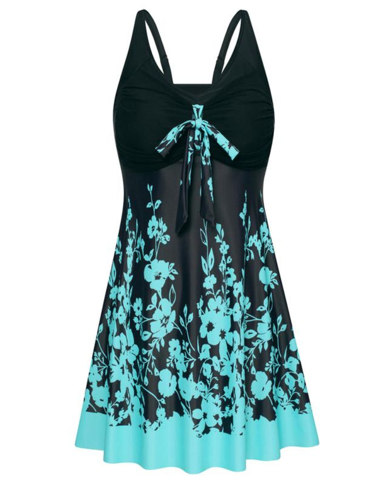 Plus Size Women's Two-Piece Swim Dress with Tummy Control - Floral Print Tankini Swimsuit Set with Boyshort Bottoms