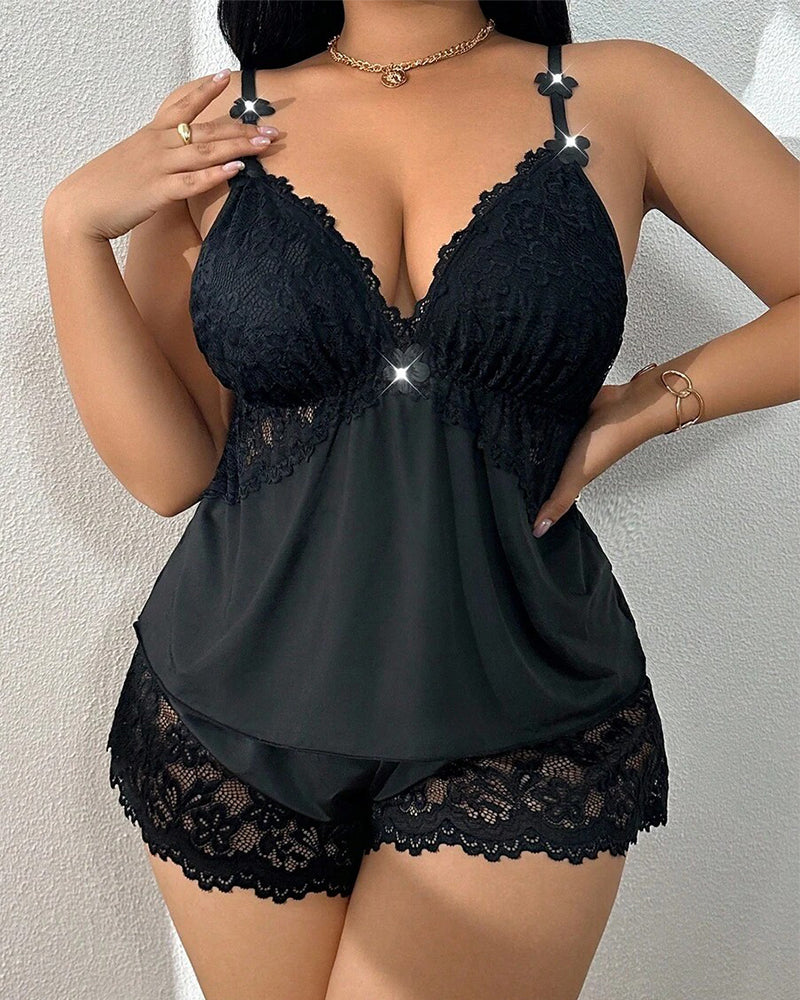 Luxurious Plus-Size Lace Satin Cami Pajama Set – Alluring 2-Piece Sleepwear for Women Secondary image