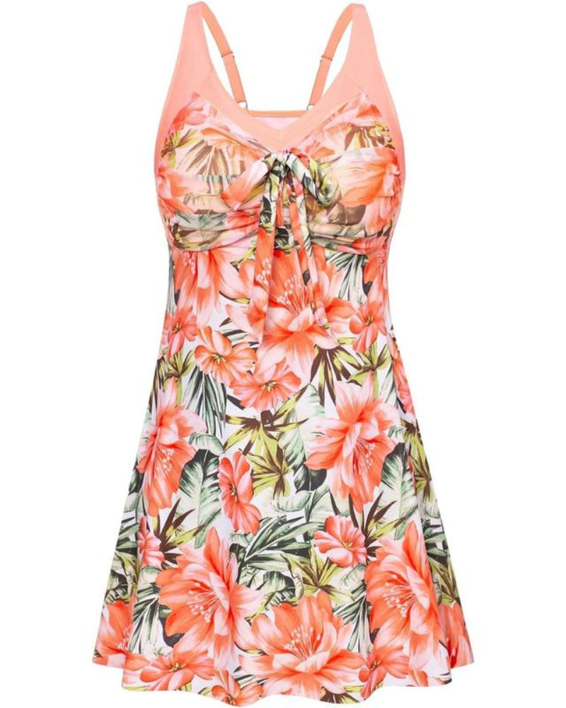 Plus Size Women's Two-Piece Swim Dress with Tummy Control - Floral Print Tankini Swimsuit Set with Boyshort Bottoms