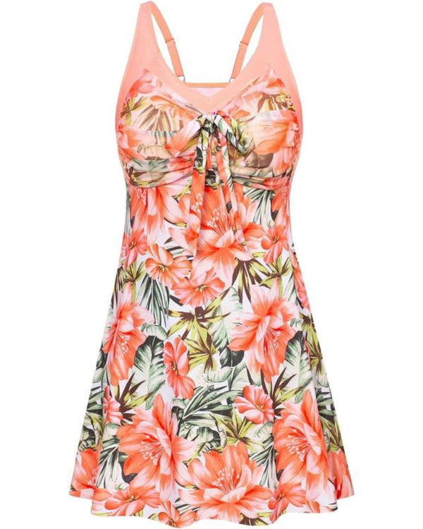 Plus Size Women's Two-Piece Swim Dress with Tummy Control - Floral Print Tankini Swimsuit Set with Boyshort Bottoms