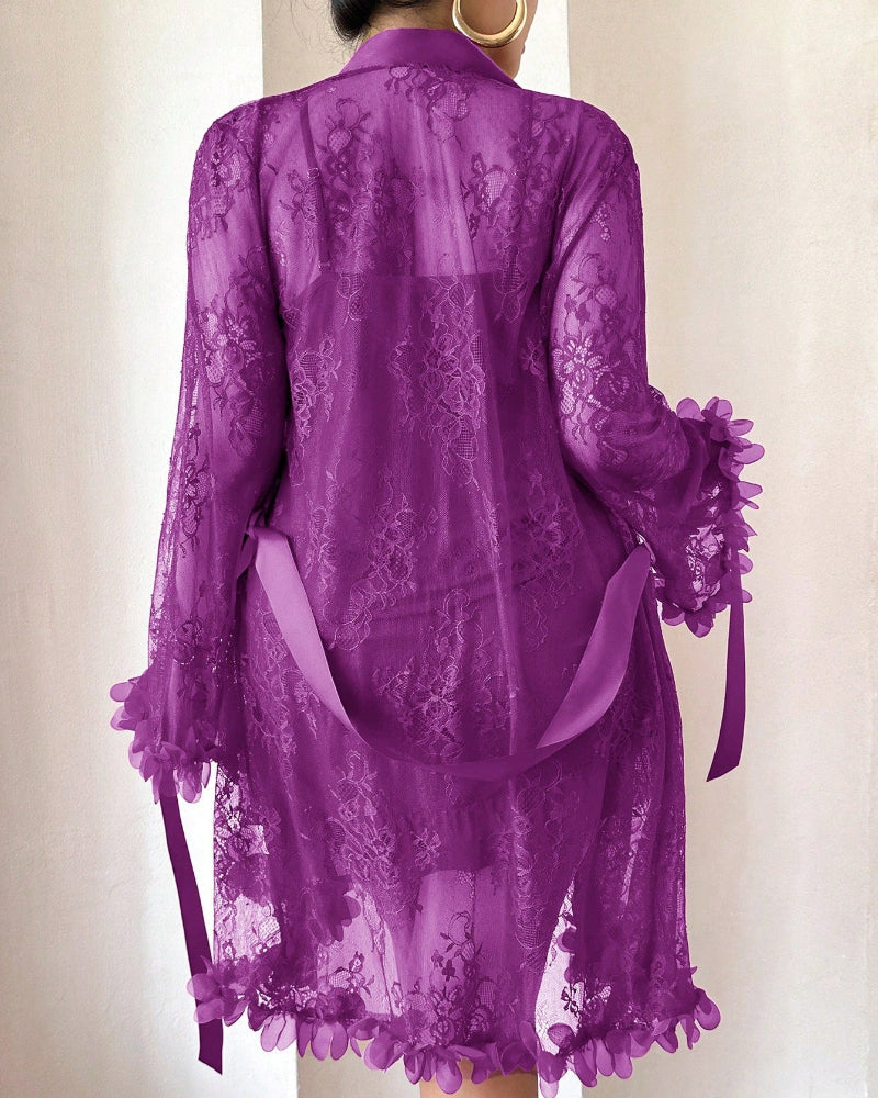 Plus-Size Lace Cami Nightgown Set with Floral Lace Trim and Sheer Robe with Wide Sleeves