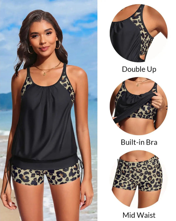 Flattering Two-Piece Blouson Tankini Swimsuit with Boyshorts