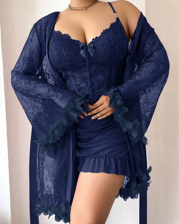 Plus-Size Lace Cami Nightgown Set with Floral Lace Trim and Sheer Robe with Wide Sleeves