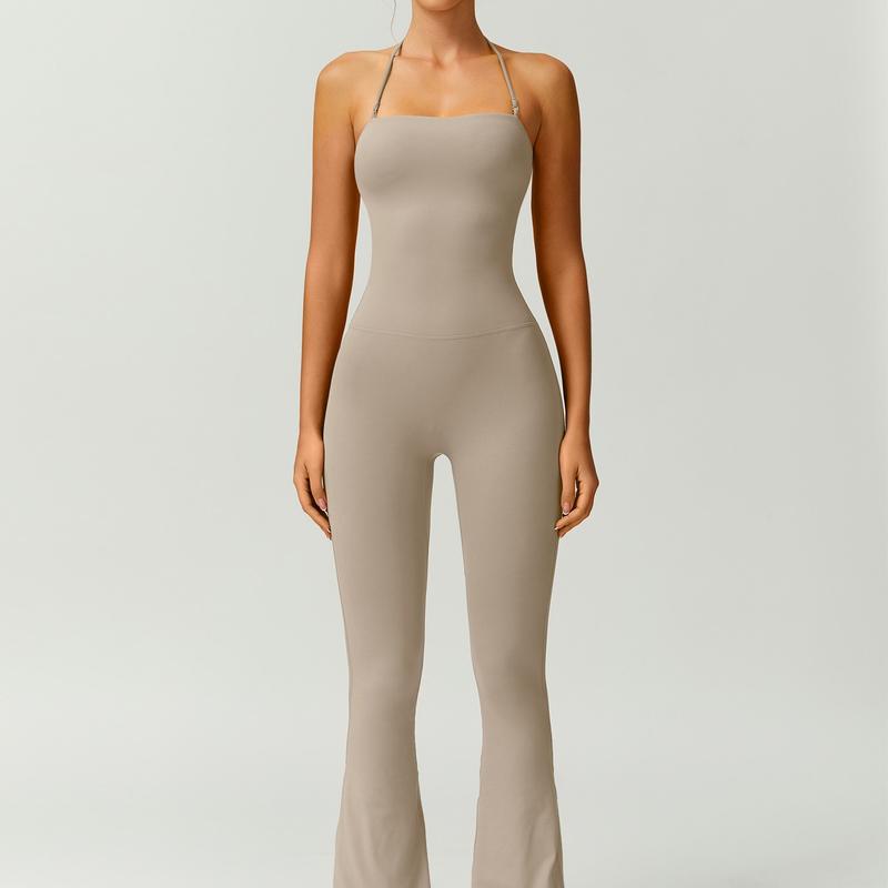 Women's Halter-Neck Bodycon Jumpsuit with Flare Legs – Ultra-Stretch, Butt-Lifting Activewear for a Sleek Silhouette